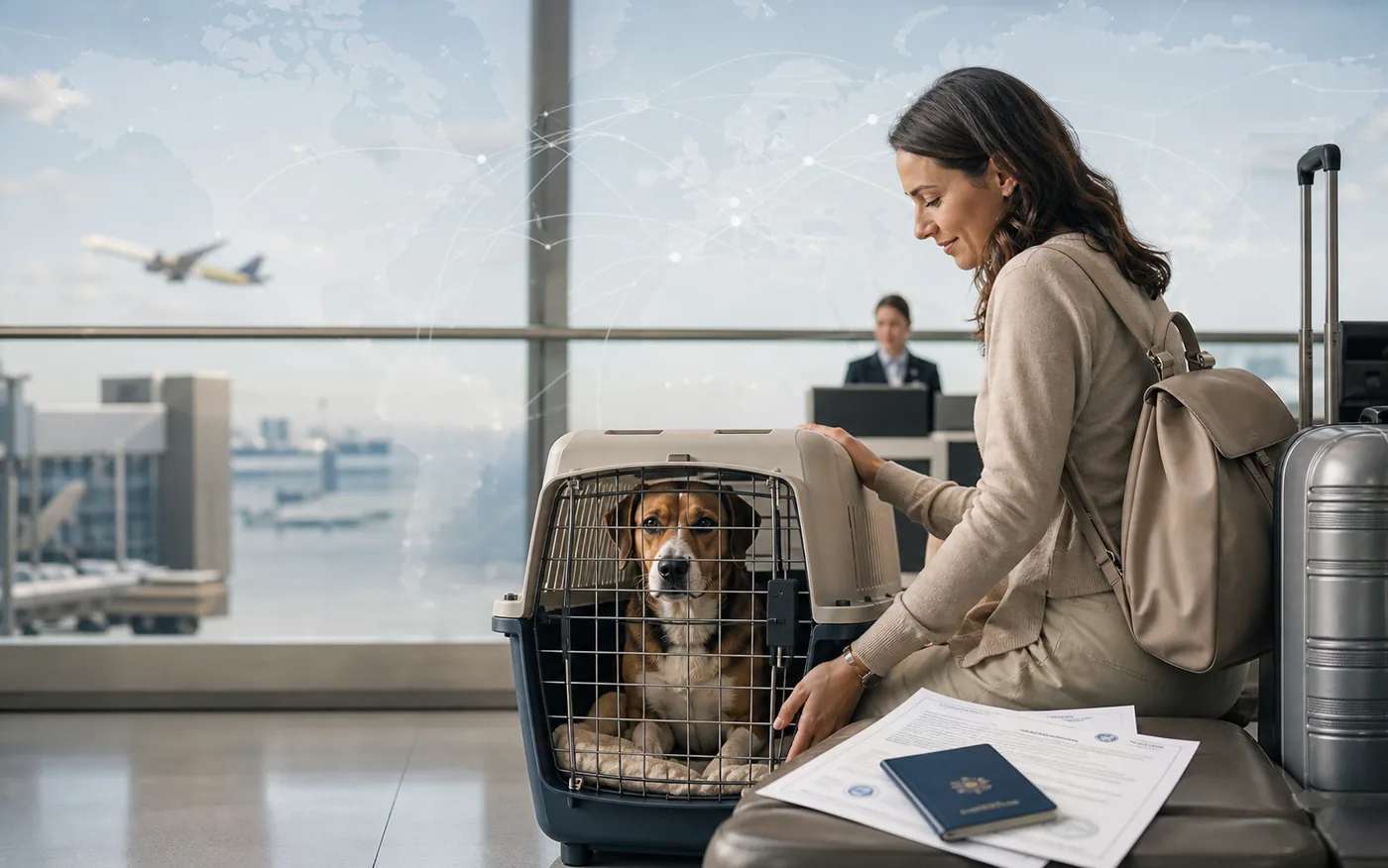 Traveler walking with a dog through an airport terminal